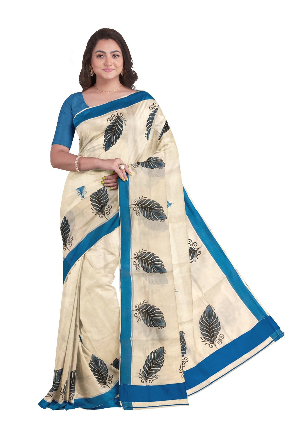 Pure Cotton Kerala Saree with Feather Block Printed Design and Blue Border
