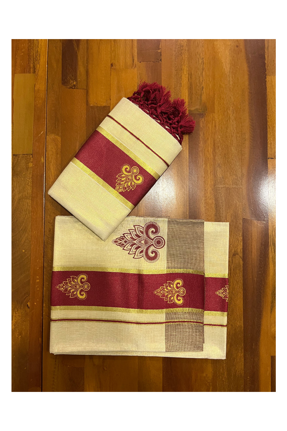 Kerala Tissue Kasavu Set Mundu (Mundum Neriyathum) with Golden and Maroon Block Prints and Tassels