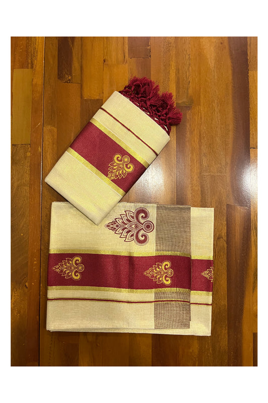 Kerala Tissue Kasavu Set Mundu (Mundum Neriyathum) with Golden and Maroon Block Prints and Tassels