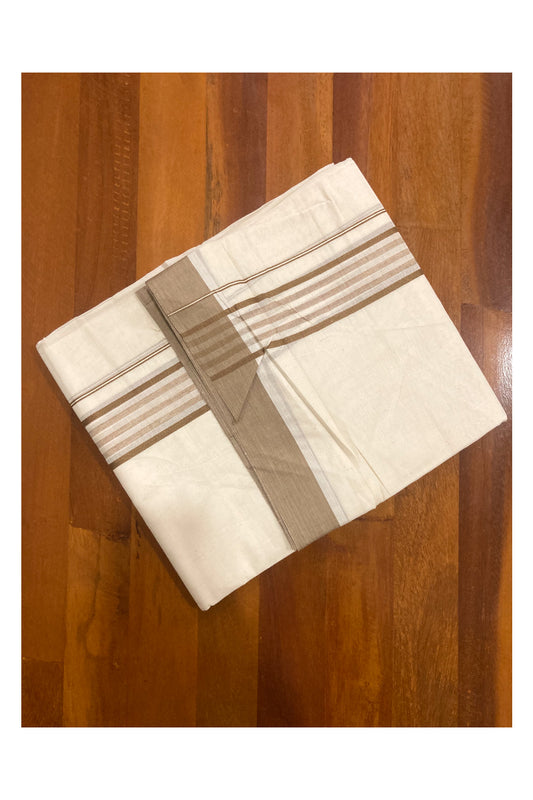 Off White Kerala Double Mundu with Brown Lines Border (South Indian Dhoti)