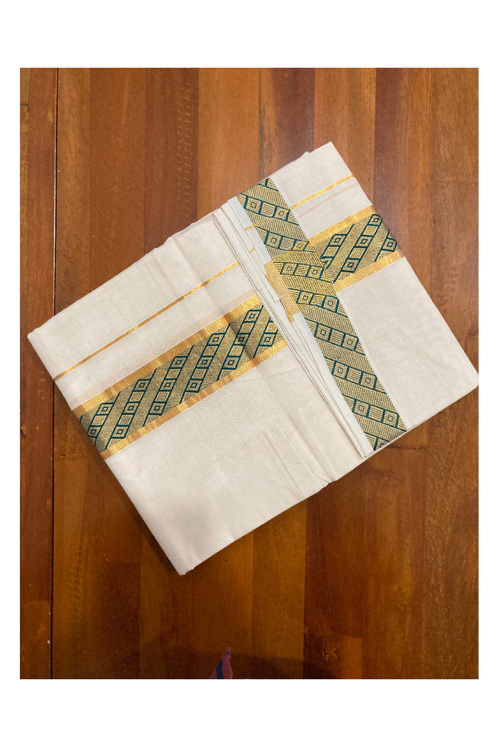 Off White Kerala Double Mundu with Kasavu and Green Woven Border (South Indian Dhoti)