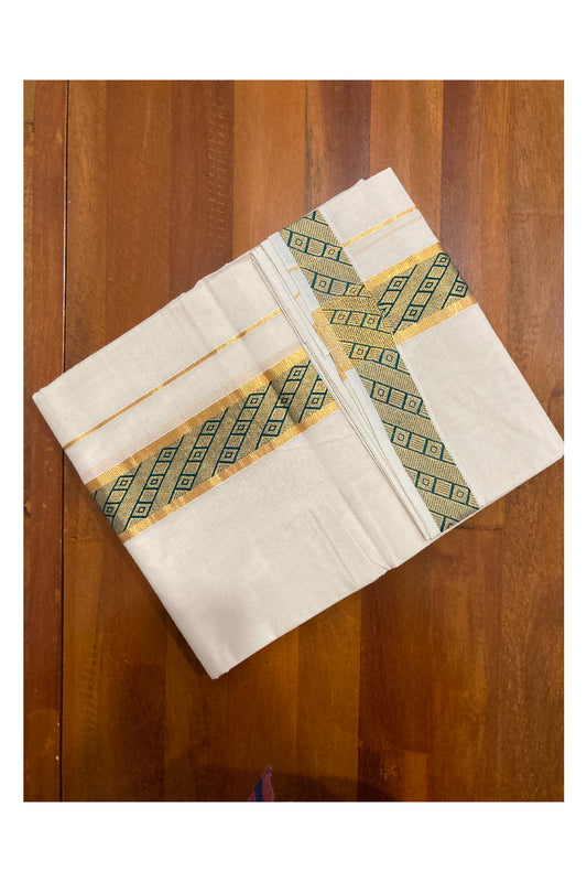 Off White Kerala Double Mundu with Kasavu and Green Woven Border (South Indian Dhoti)