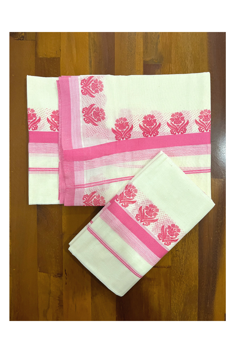 Kerala Cotton Single Set Mundu (Mundum Neriyathum) with Pink Floral Block Prints on Border