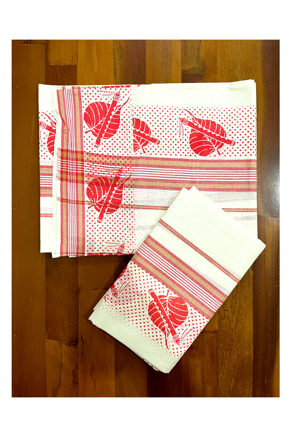 Kerala Cotton Mulloth Mundum Neriyathum Single (Set Mundu) with Peach Block Printed Border (Extra Soft Cotton)