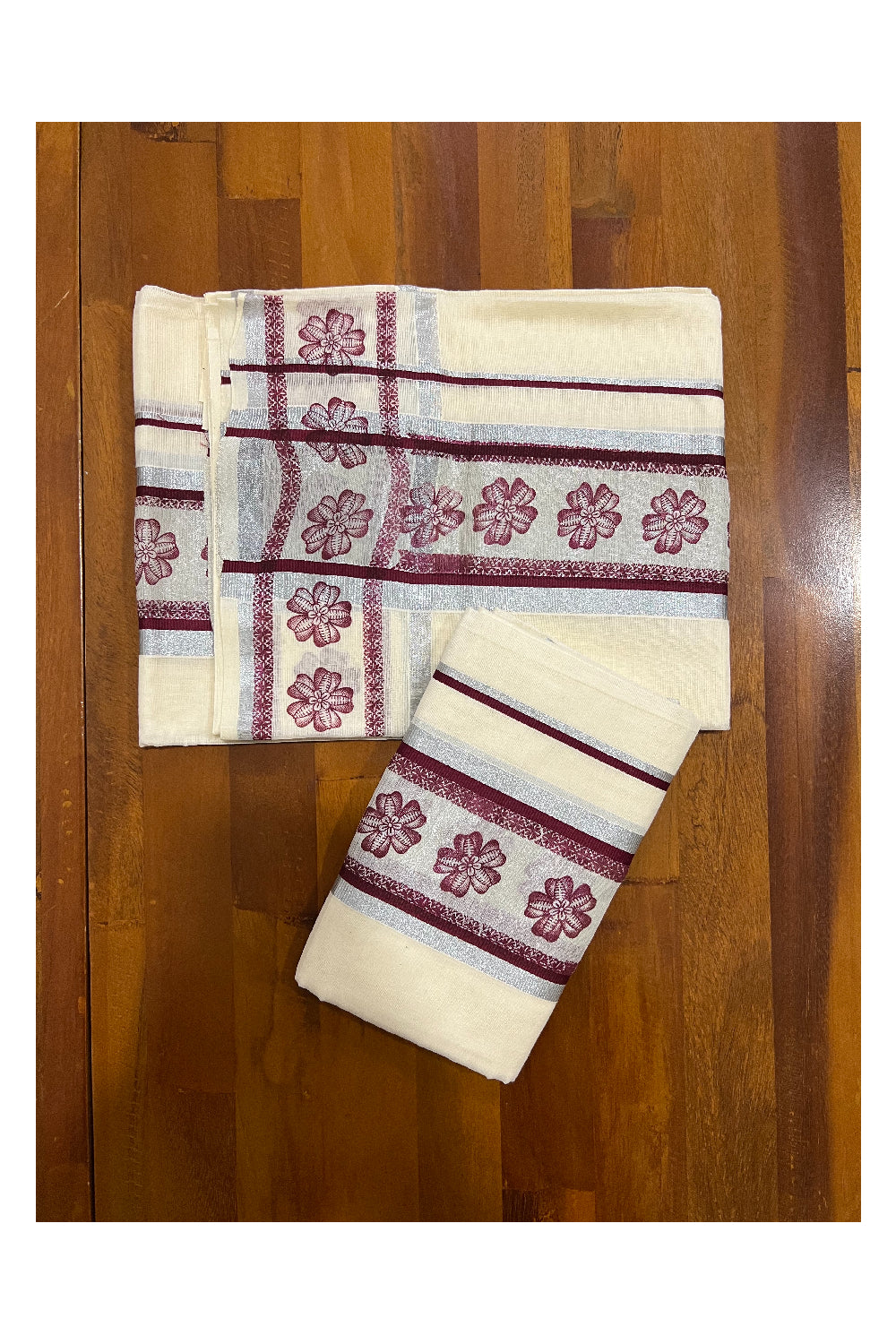 Cotton Silver Kasavu Set Mundu (Mundum Neriyathum) with Maroon Floral Block Prints on Border