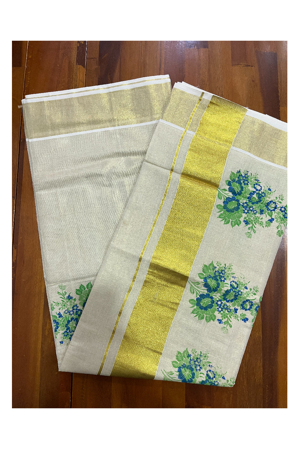 Kerala Tissue Kasavu Saree with Green Floral Block Printed Design