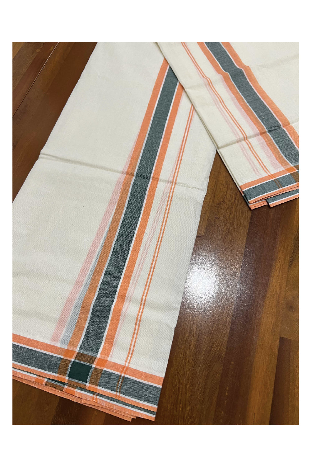 Kerala Cotton Mundum Neriyathum Single (Set Mundu) with Orange and Green Mulloth Border (Extra Soft Cotton)