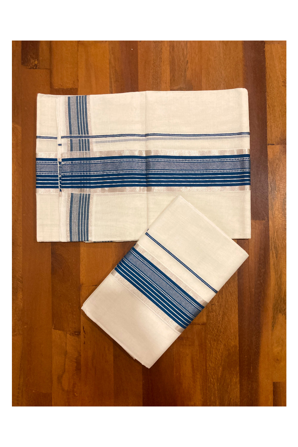 Southloom Premium Handloom Single Set Mundu with Silver Kasavu and Blue Border