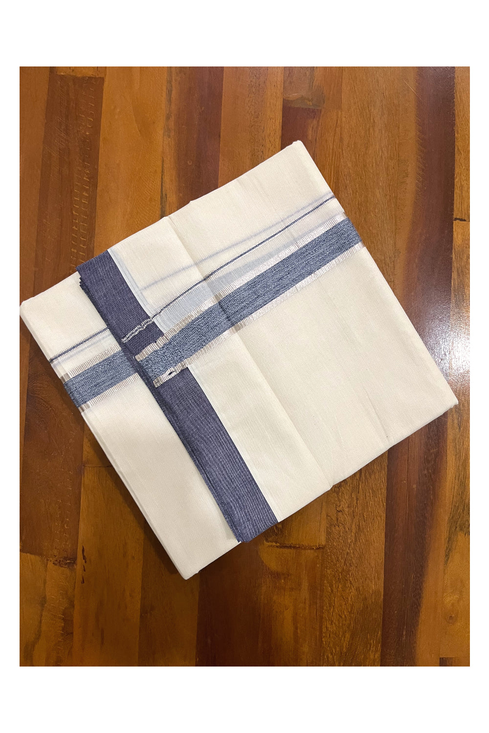 Pure Cotton Off White Double Mundu with Silver Kasavu and Blue Border (South Indian Dhoti)