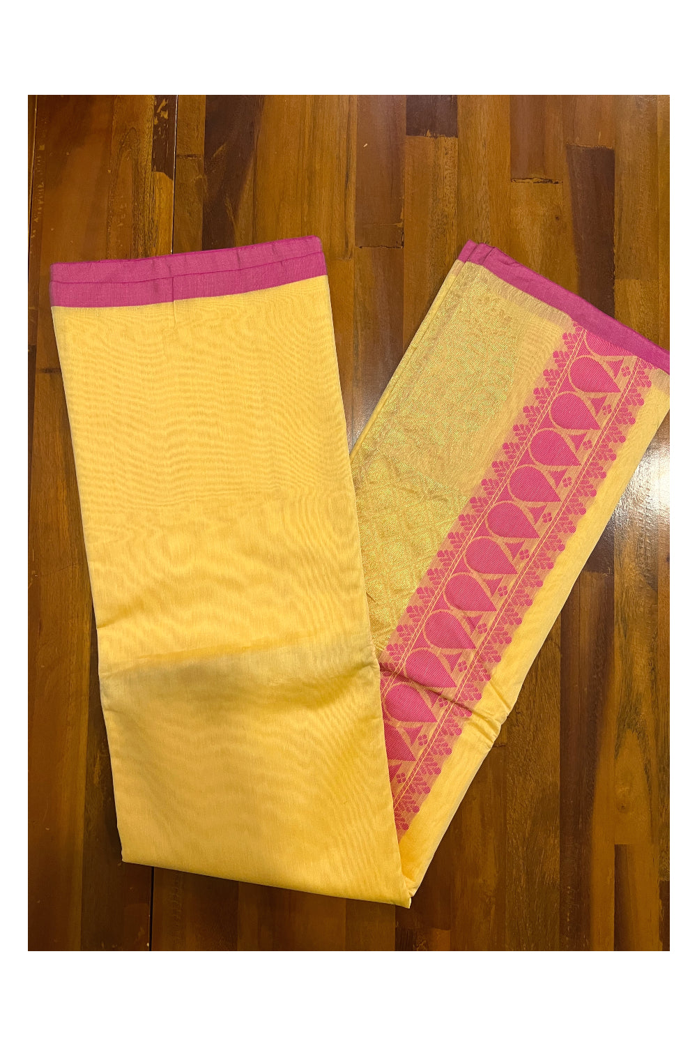 Southloom Yellow Cotton Silk Saree with Kasavu Woven Works and Pink Border