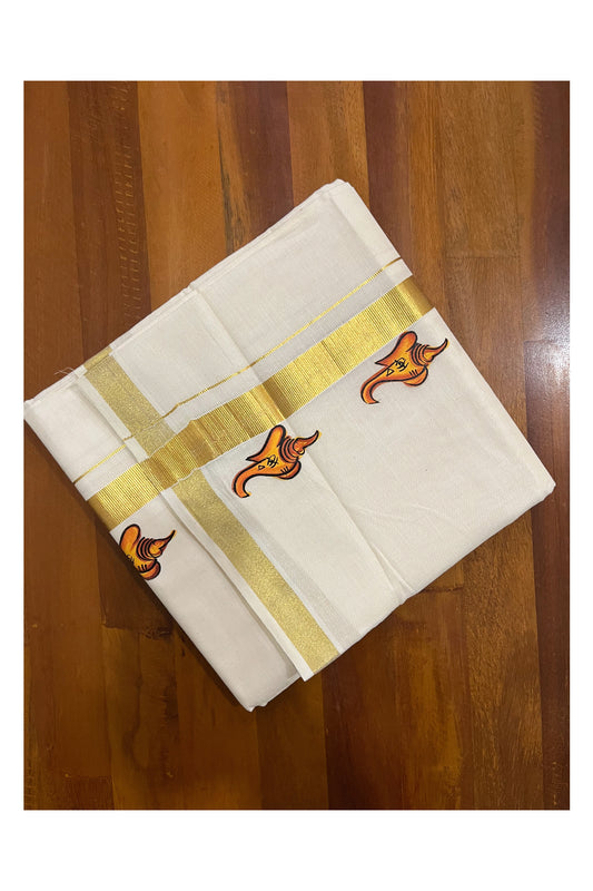 Off White Pure Cotton Double Mundu with Ganesha Mural Painted Design on Kasavu Kara (South Indian Kerala Dhoti)