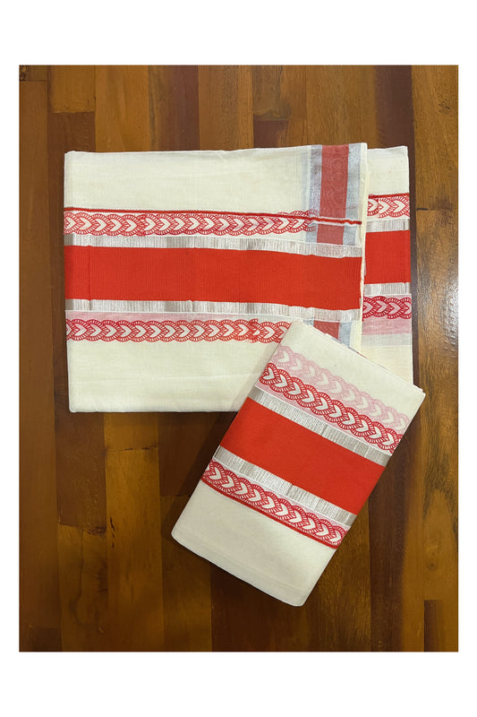 Pure Cotton Single Set Mundu (Mundum Neriyathum Onam 2023) with Silver Kasavu and Orange Block Prints 2.80 Mtrs