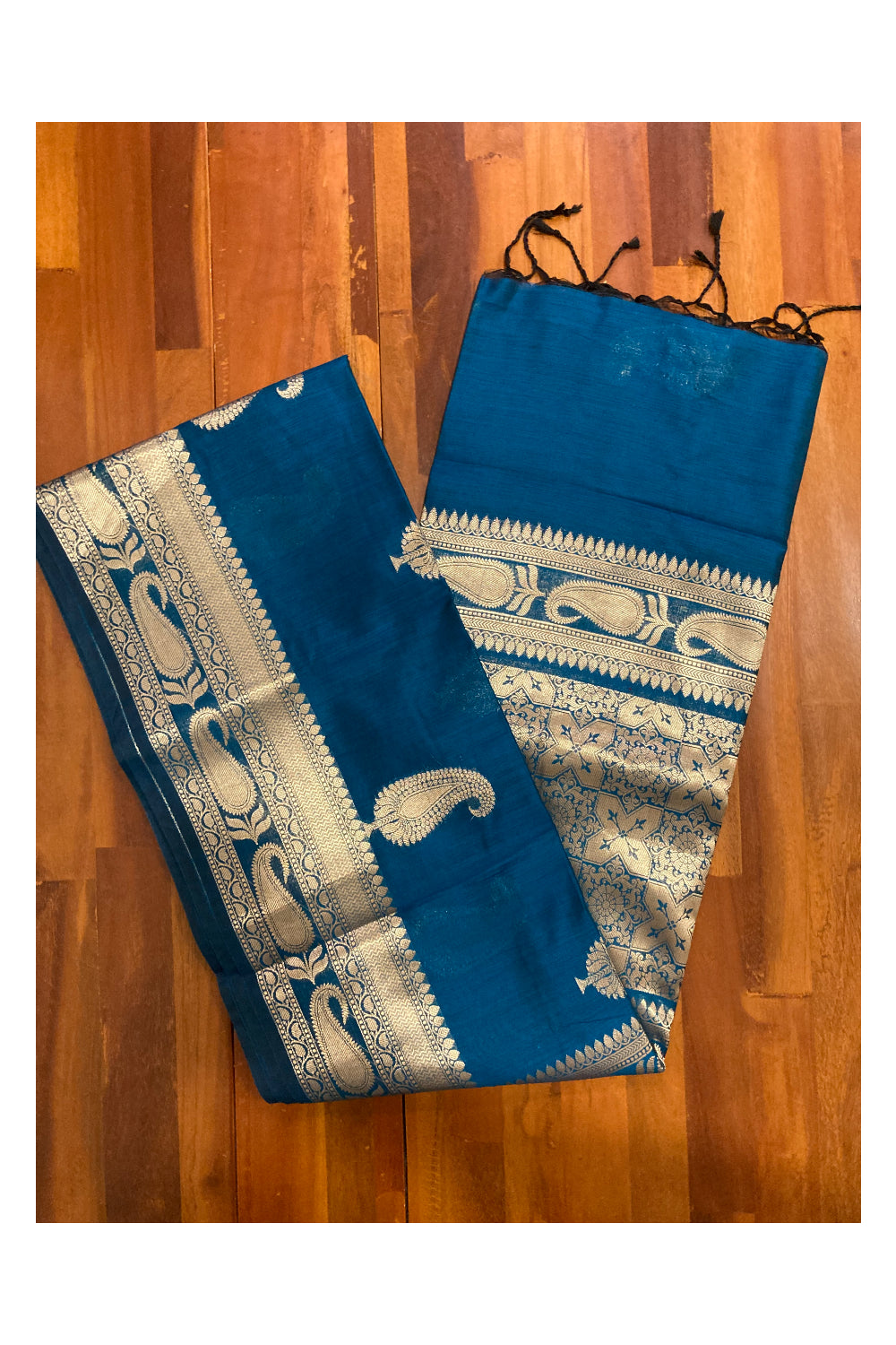 Southloom Blue Cotton Designer Saree with Kasavu Woven Works