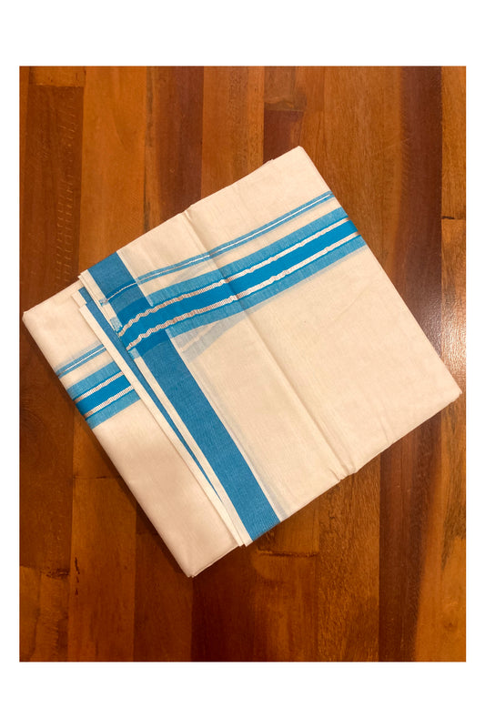 Off White Kerala Double Mundu with Silver Kasavu and Blue Border (South Indian Dhoti)