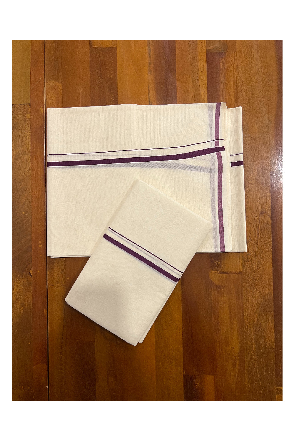 Kerala Cotton Set Mundu (Mundum Neriyathum) with 0.5 inch Purple Border 2.80 Mtrs