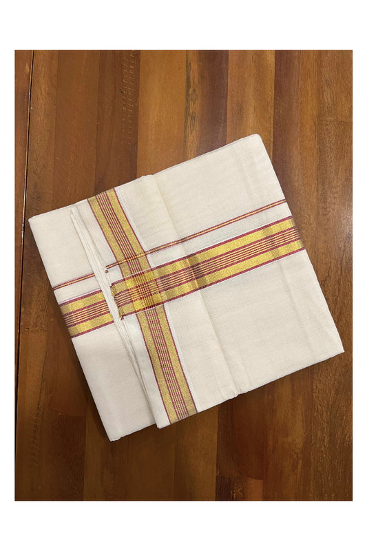 Southloom Kuthampully Handloom Pure Cotton Mundu with Golden and Red Kasavu Lines Border (South Indian Dhoti)