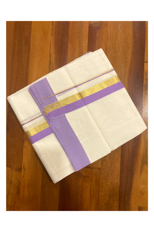 Pure Cotton Double Mundu with Violet and Kasavu Border (South Indian Dhoti)