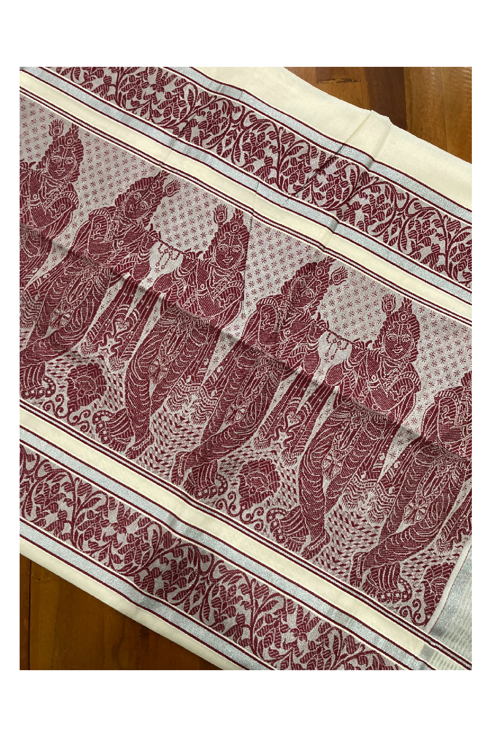 Kerala Cotton Saree with Red Krishna Embroidery Work on Pallu