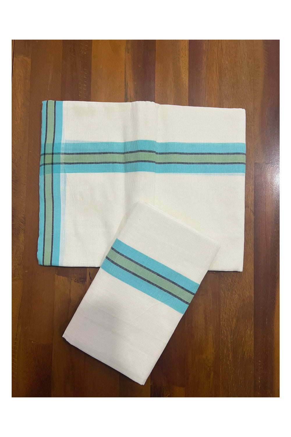 Kerala Cotton Mundum Neriyathum Single (Set Mundu) with Turquoise and Green Mulloth Border (Extra Soft Cotton)