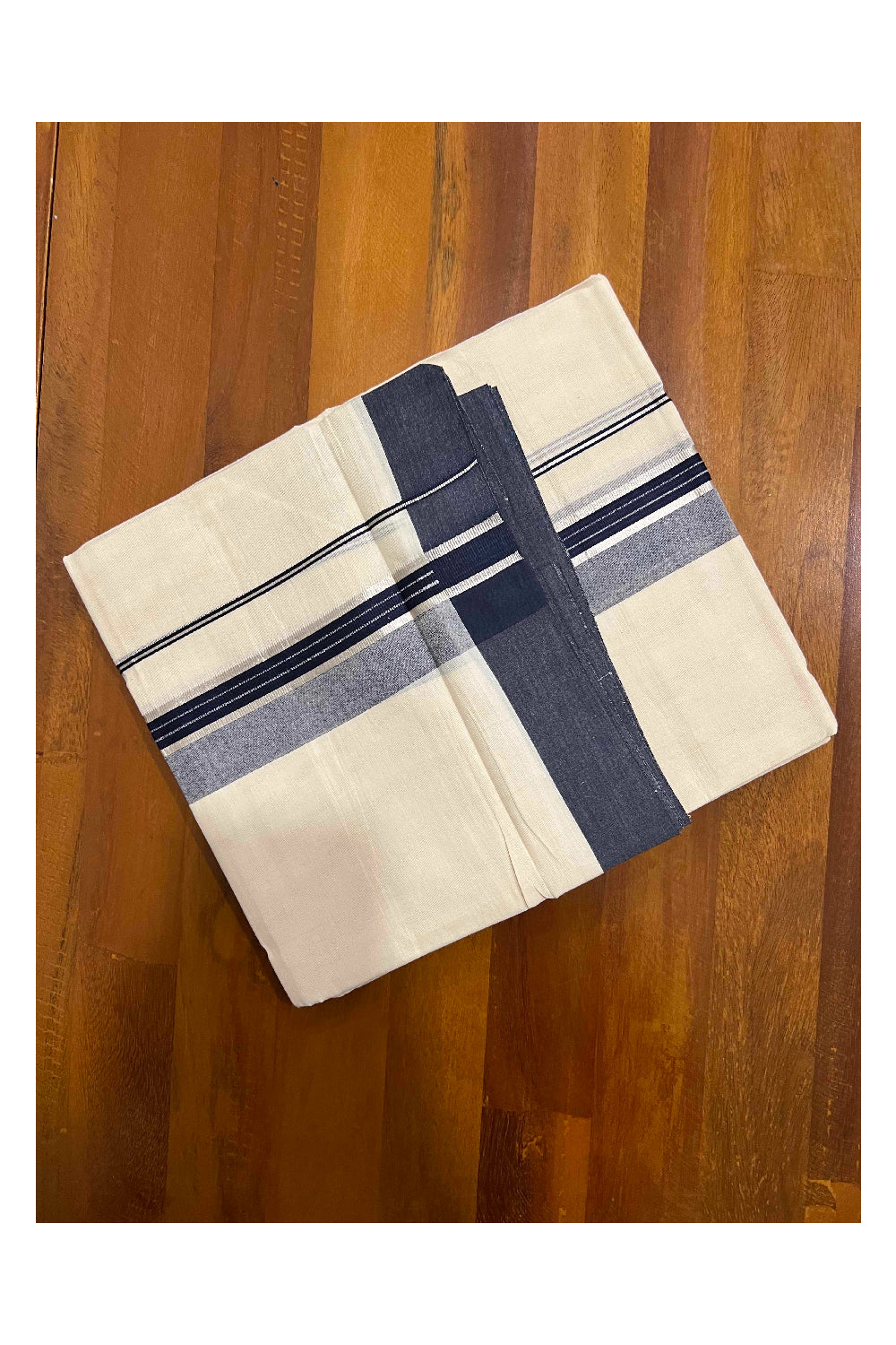 Off White Kerala Double Mundu with Silver Kasavu and Navy Blue Border (South Indian Dhoti)