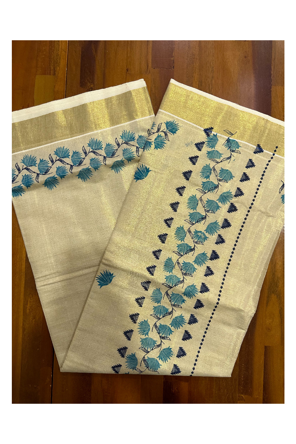 Kerala Tissue Kasavu Saree with Blue Floral Block Printed Design Border