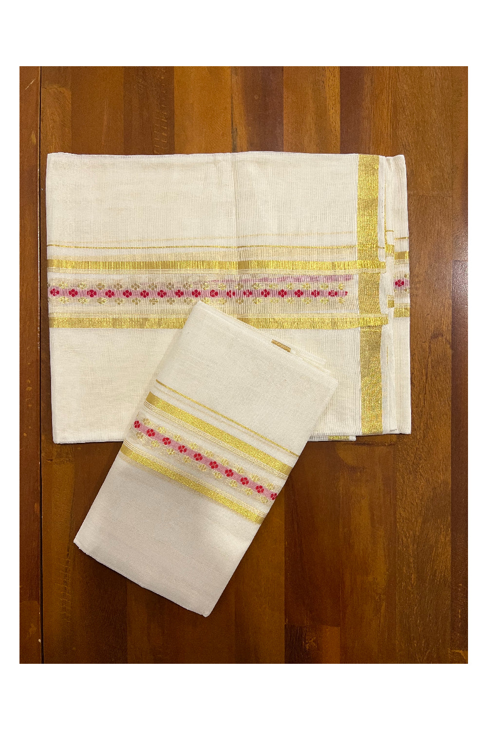 Southloom Handloom Premium Cotton Set Mundu with Kasavu Woven Work on Border (Rose Woven Dots)