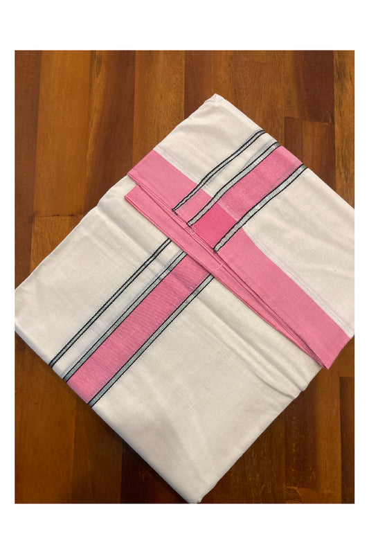 Off White Kerala Double Mundu Silver Kasavu and Pink Kara (South Indian Dhoti)