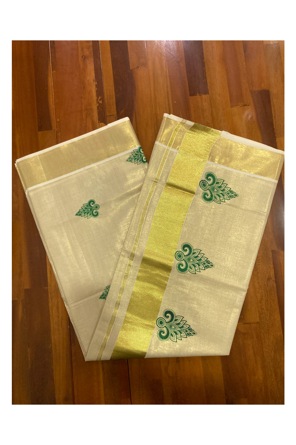 Kerala Tissue Kasavu Saree with Green Block Printed Design