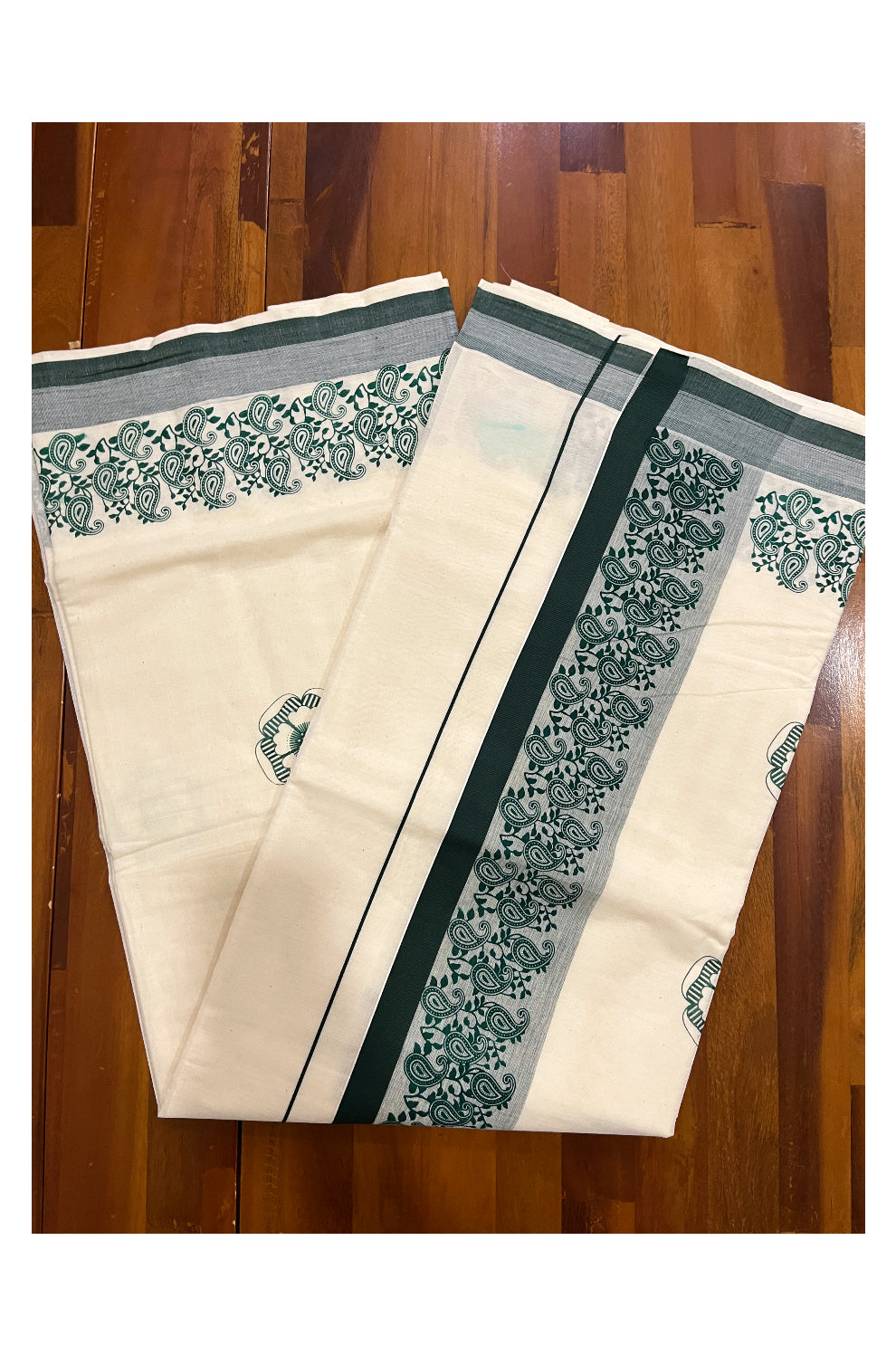 Pure Cotton Off White Kerala Saree with Green Paisley Block Prints on Border