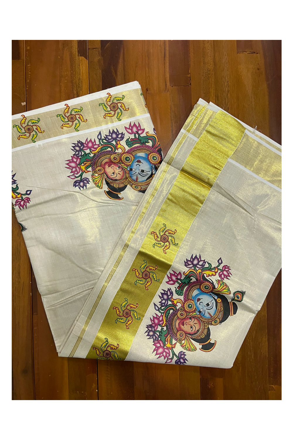 Kerala Tissue Kasavu Saree With Mural Printed Krishna Radha Design and Floral Works on Border