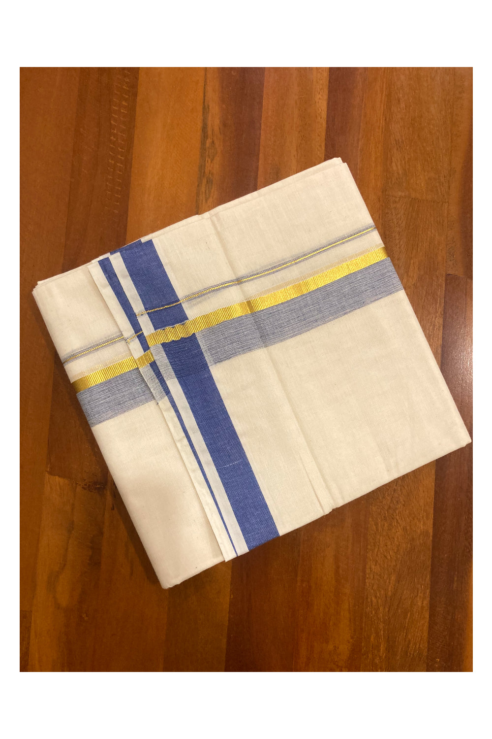 Pure Cotton Off White Double Mundu with Blue and Kasavu Border (South Indian Dhoti)