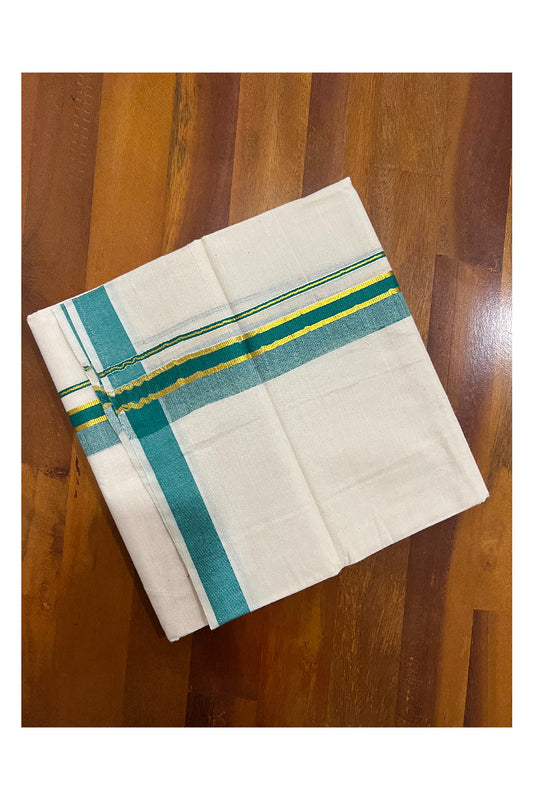 Off White Pure Cotton Double Mundu with Kasavu and Green Kara (South Indian Dhoti)