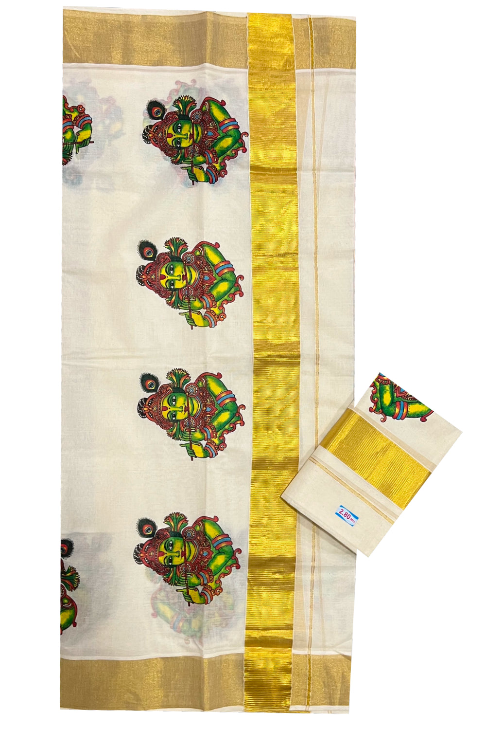 Pure Cotton Kasavu Set Mundu (Mundum Neriyathum) with Krishna Mural Prints on Border 2.80 Mtrs