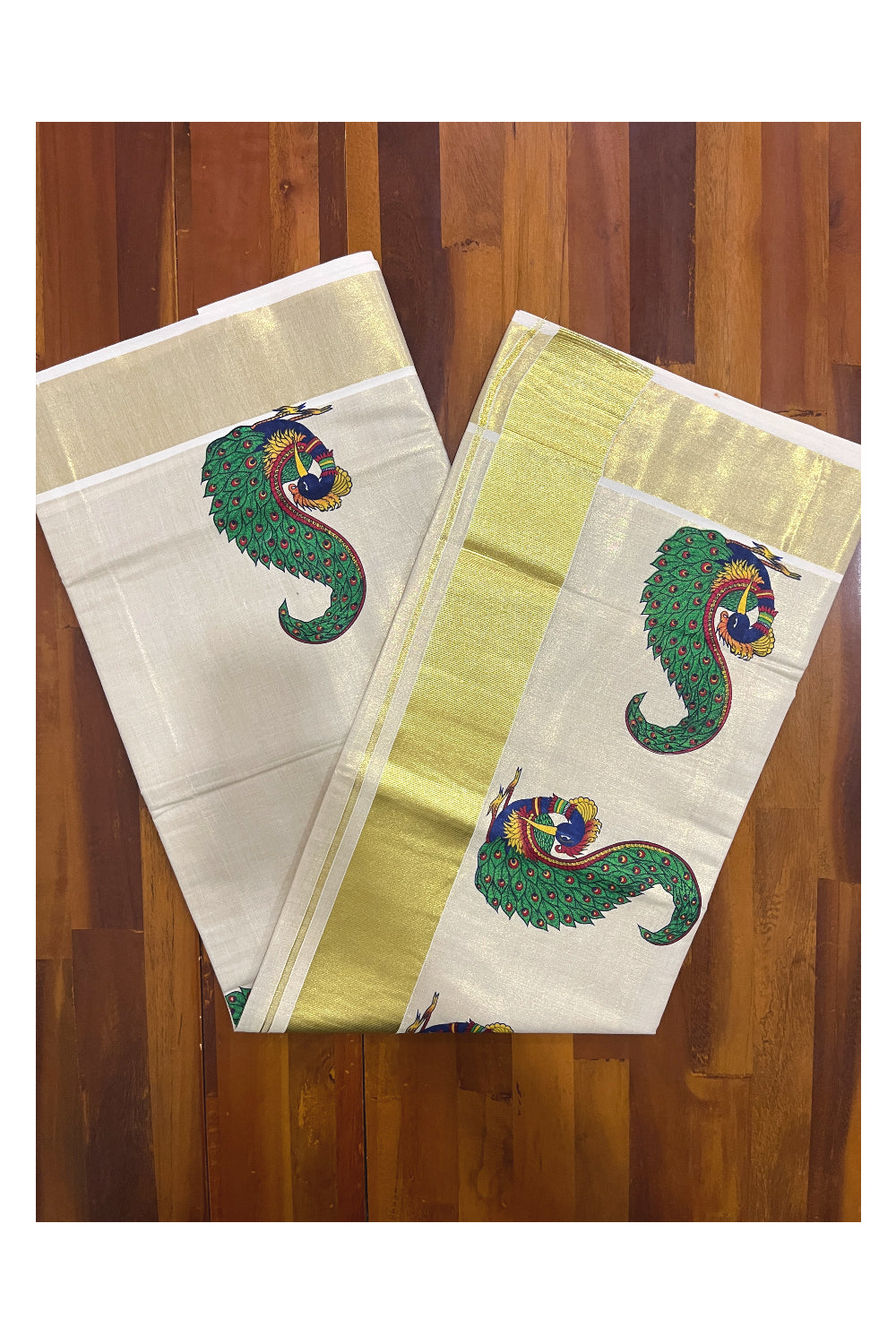 Kerala Tissue Kasavu Saree with Peacock Mural Printed Design