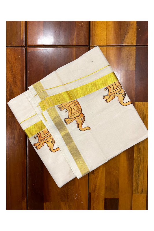 Pure Cotton Kasavu Mundu with Mural Hand Painted Elephant Design (South Indian Dhoti)