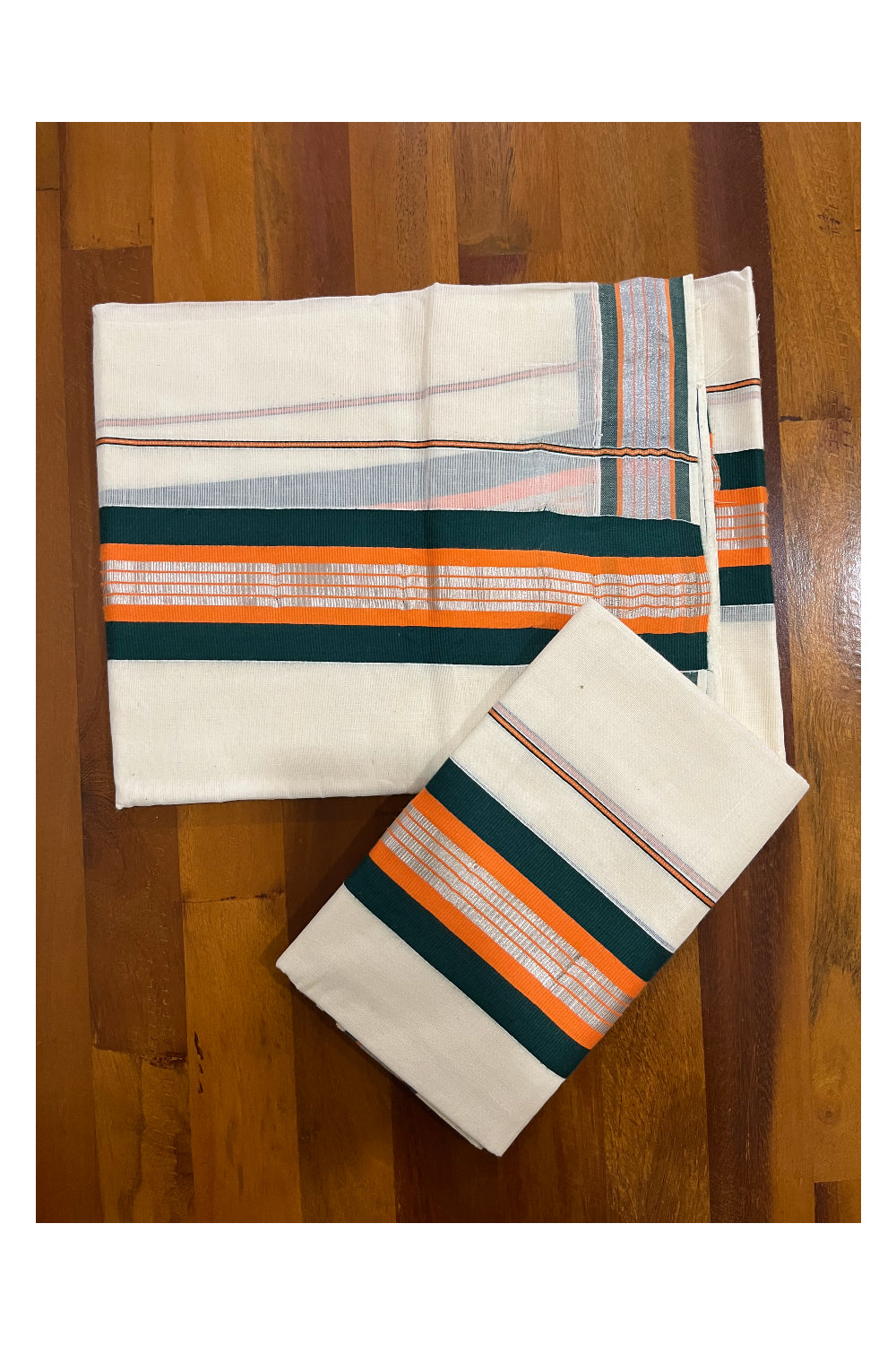 Pure Cotton Mundum Neriyathum Single (Set Mundu) with Silver Kasavu Green and Orange Border 2.80 Mtrs