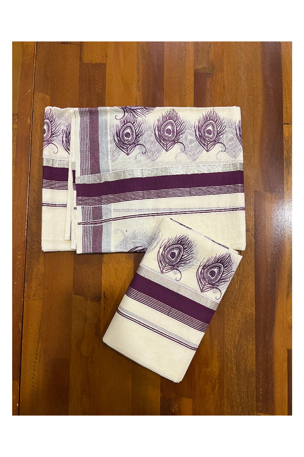 Pure Cotton Silver Kasavu Set Mundu (Mundum Neriyathum) with Purple Feather Block Prints on Border