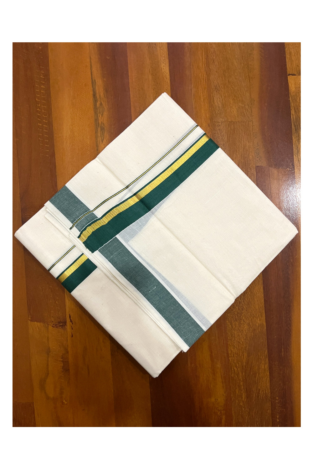 Pure Cotton Double Mundu with Kasavu Green Kara (South Indian Kerala Dhoti)