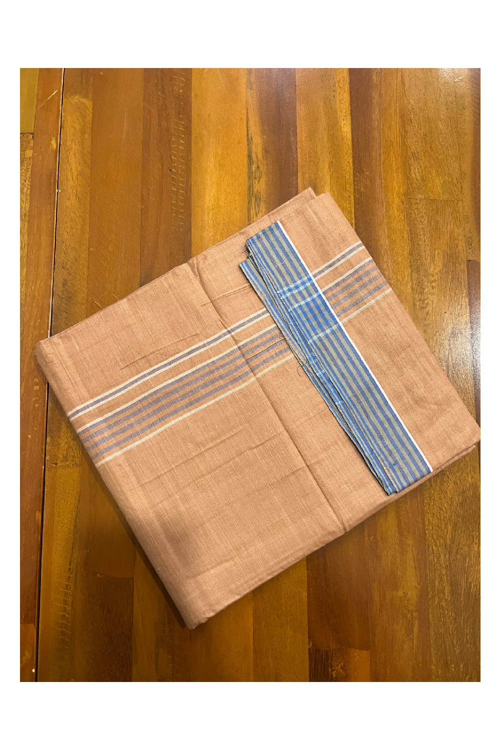 Southloom Premium Handloom Dark Saffron (Kaavi) Single Mundu with Blue Border (Lungi)