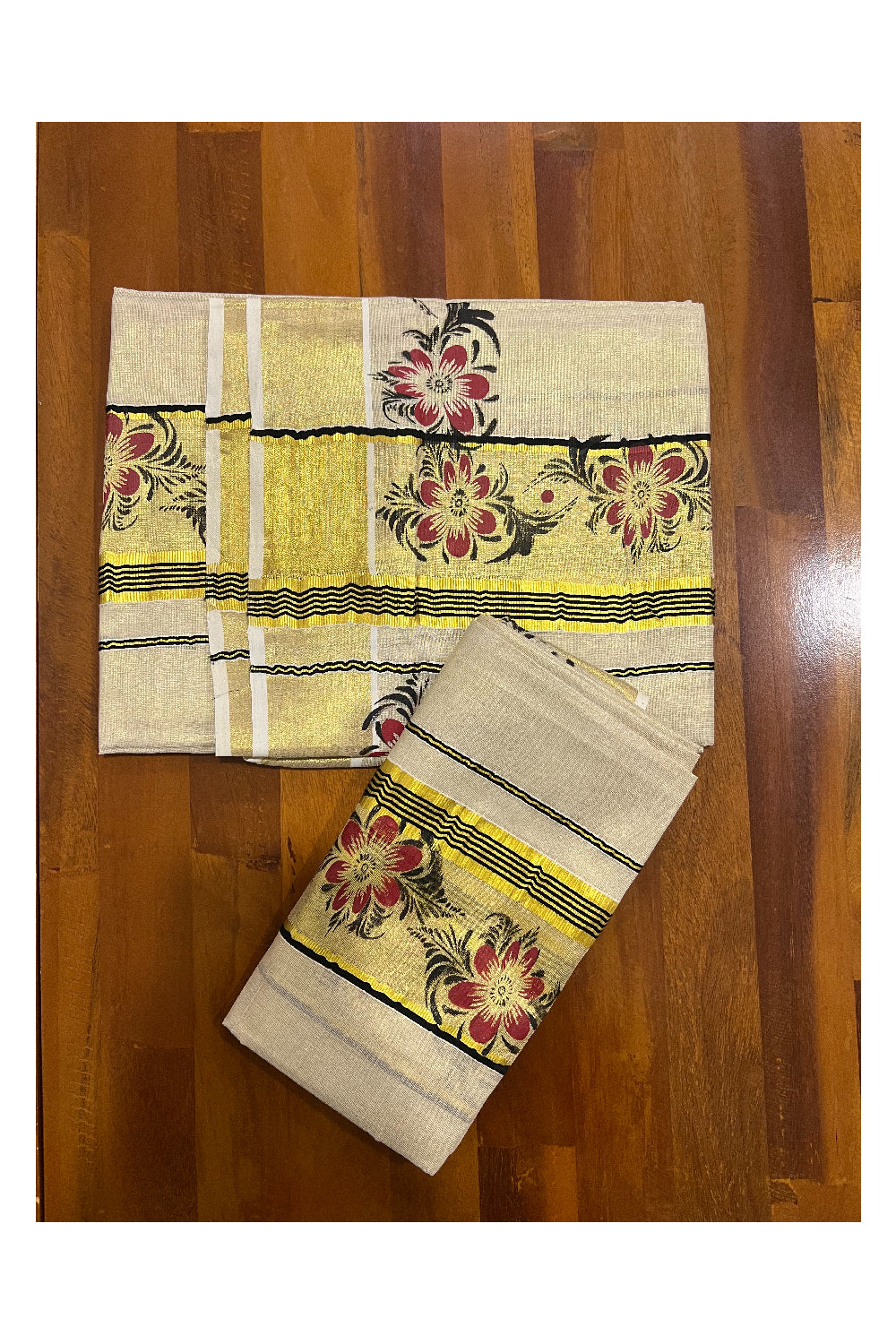 Kerala Tissue Kasavu Set Mundu (Mundum Neriyathum) with Black Red Floral Block Prints on Border