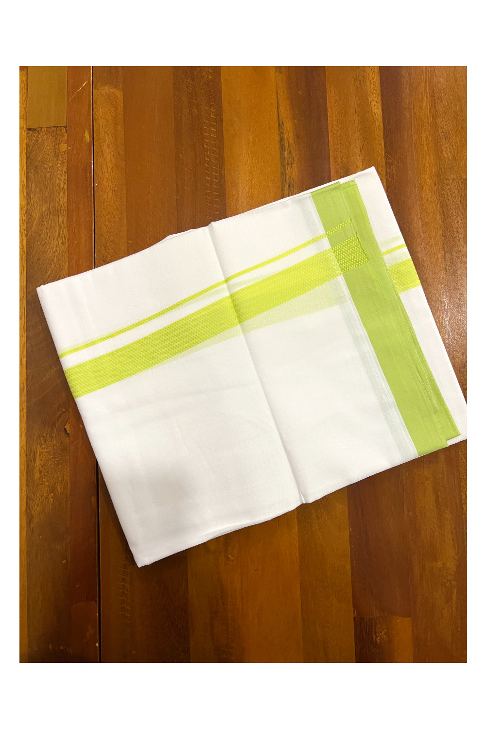 Pure White Cotton Double Mundu with Lines on Light Green Border (South Indian Dhoti)