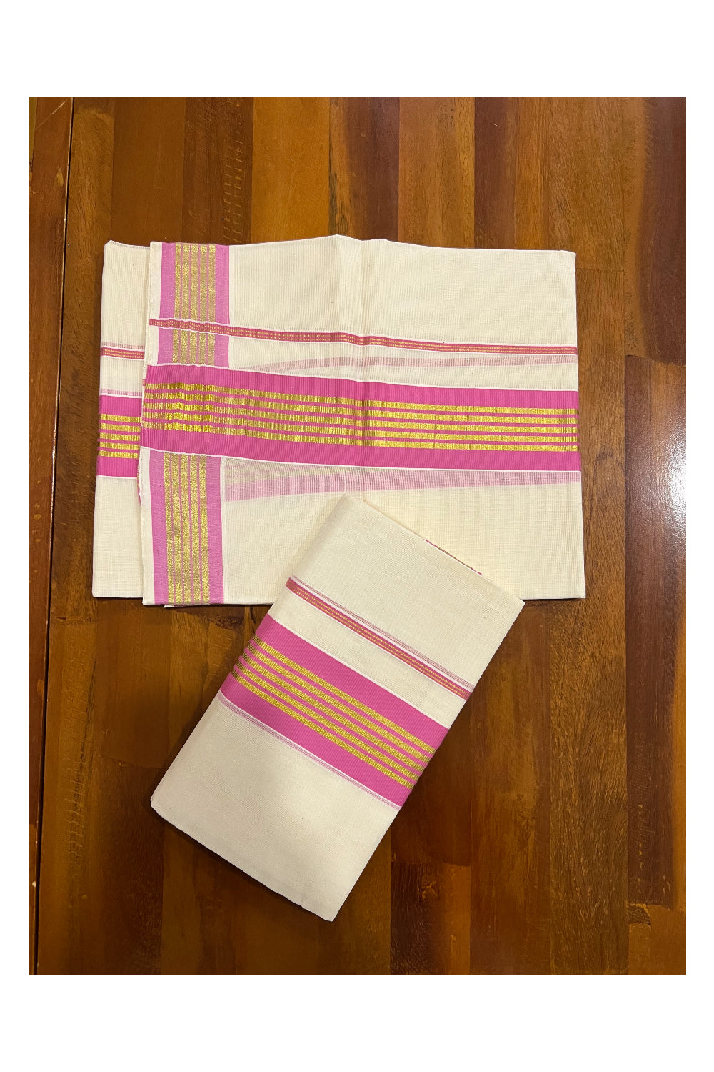 Pure Cotton Kerala Single Set Mundu (Mundum Neriyathum) with Pink and Kasavu Border 2.80 Mtrs