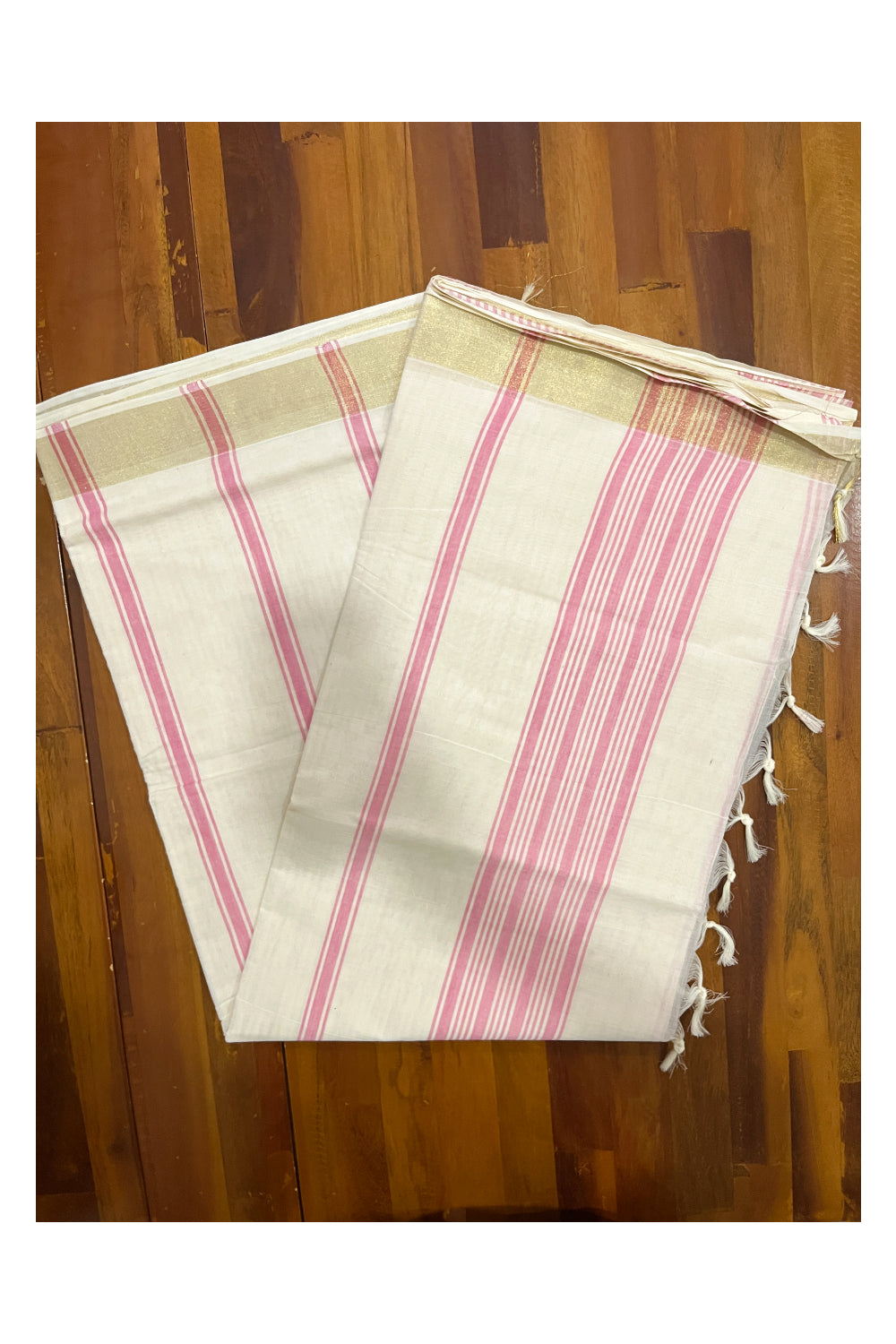 Pure Cotton Off White Kerala Saree with Pink Pallu and Lines Design Running Blouse Piece (Onam Saree 2023)