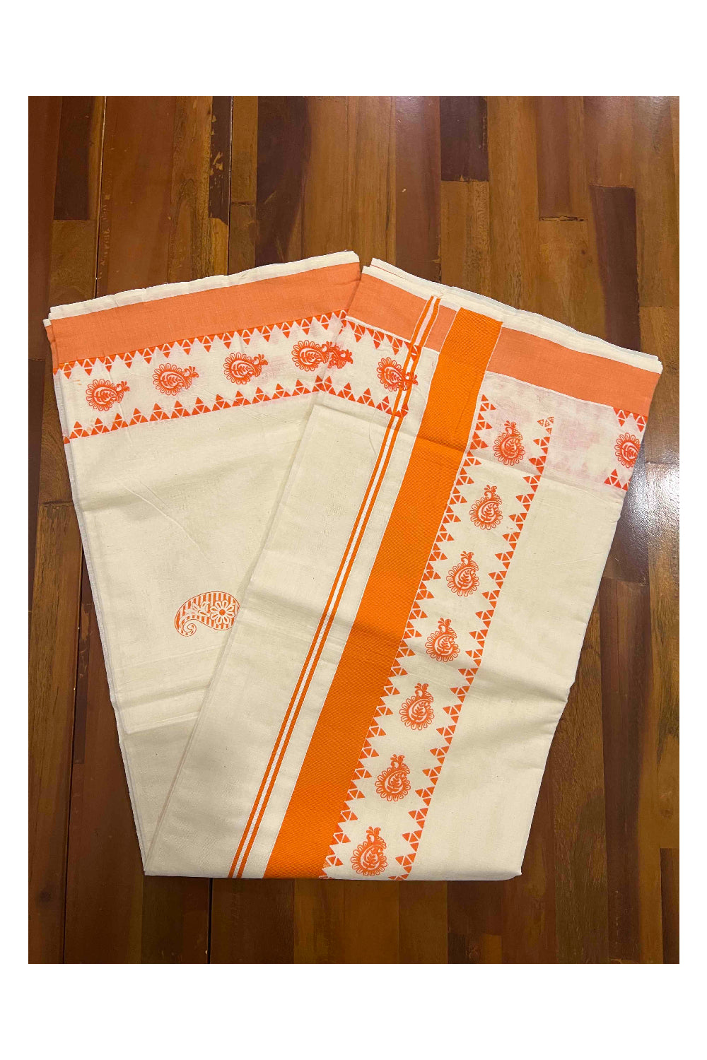 Pure Cotton Kerala Saree with Orange Paisley Block Printed Border