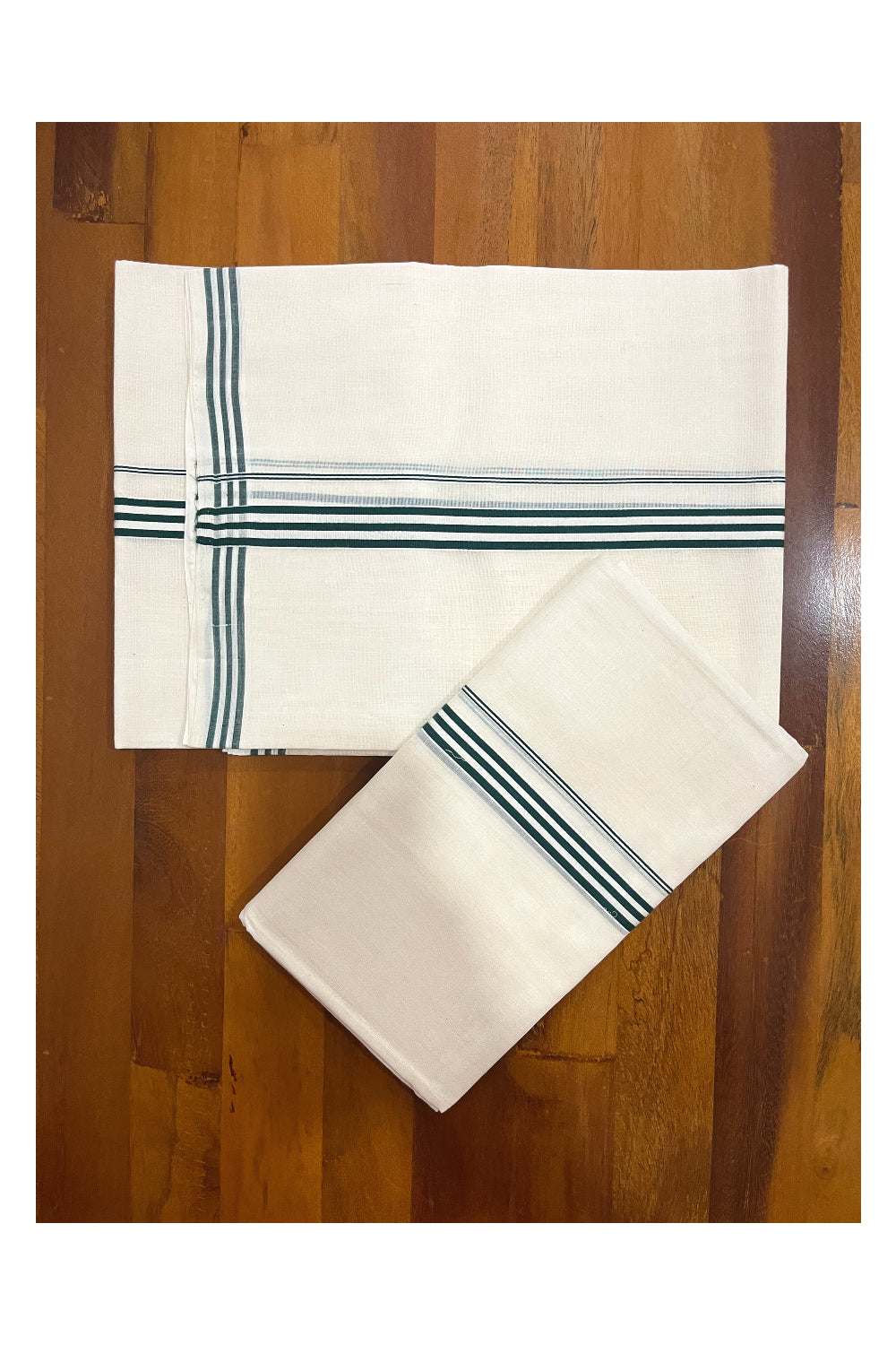 Southloom Premium Handloom Single Set Mundu (Mundum Neriyathum) with Green Lines Border