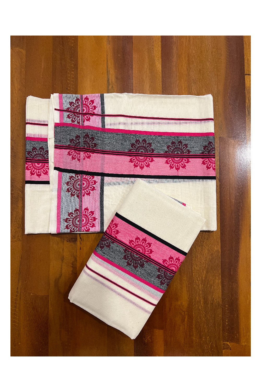 Kerala Cotton Set Mundu (Mundum Neriyathum) with Floral Block Prints on Pink and Black Border