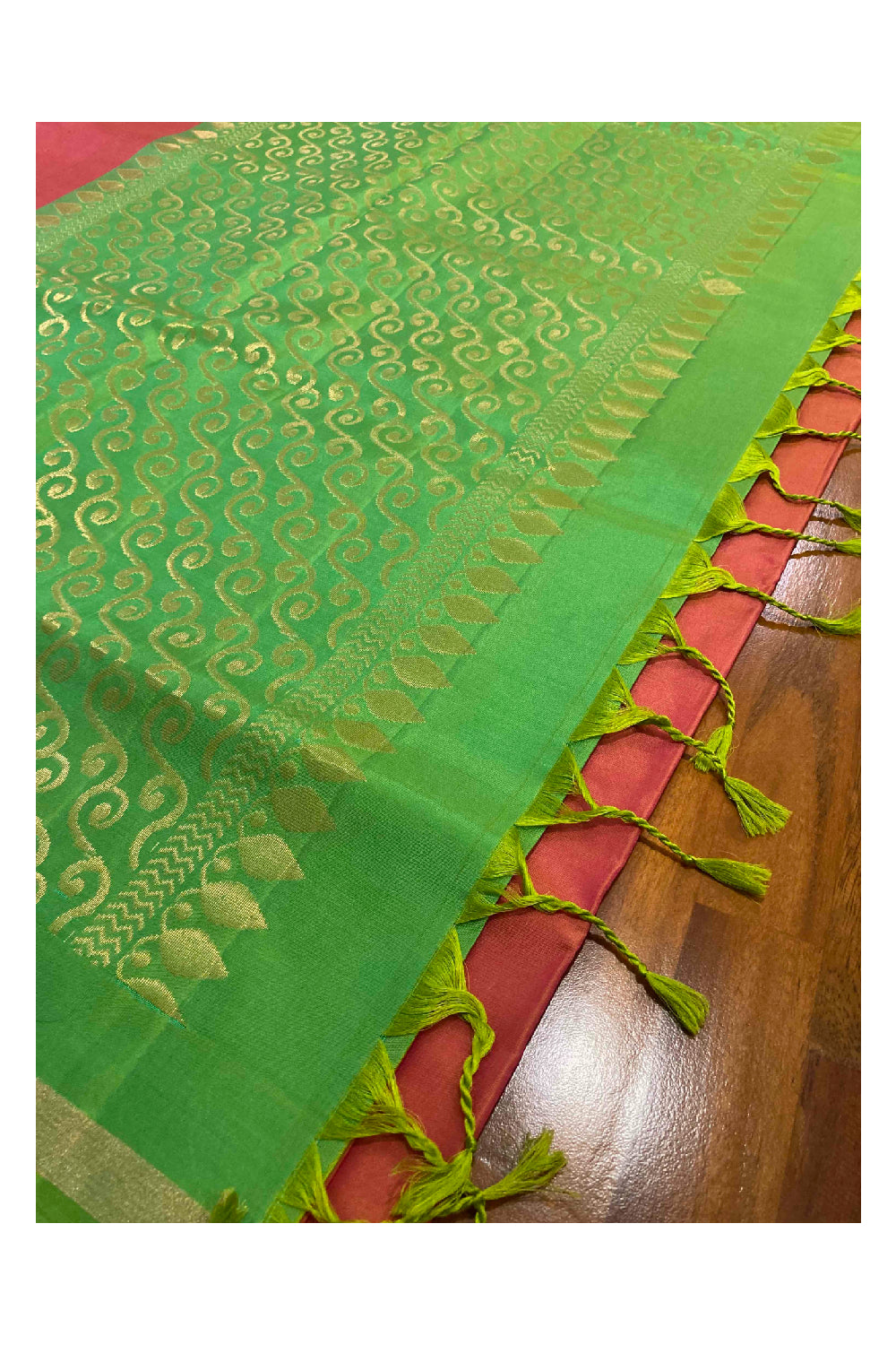 Southloom Handloom Pure Silk Kanchipuram Saree in Red and Green Floral Motifs