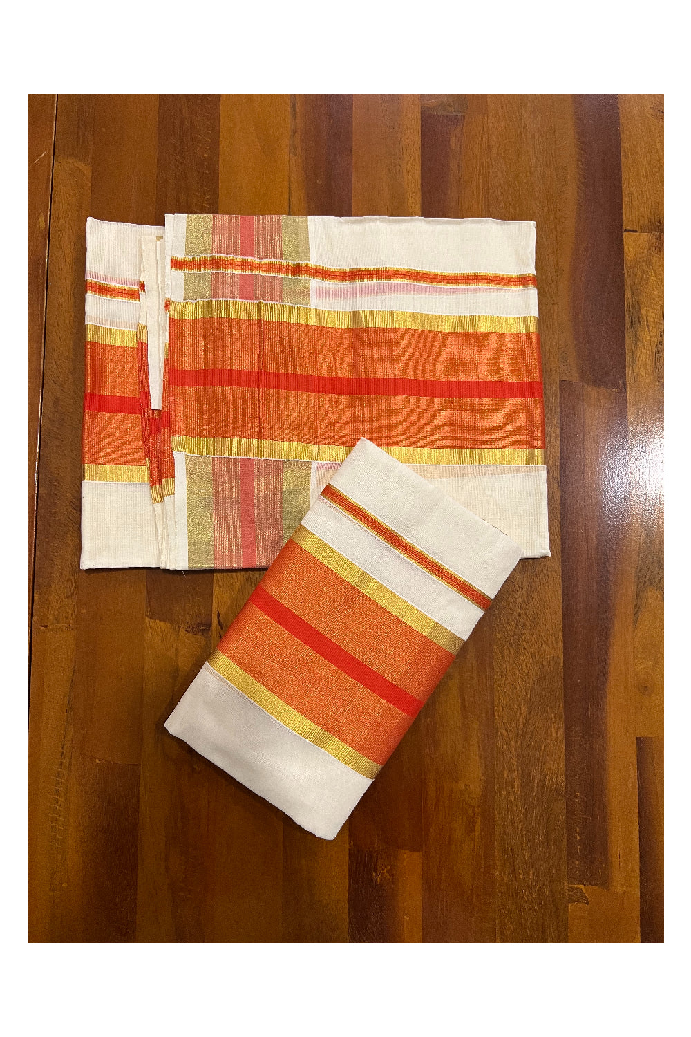 Pure Cotton Kerala Single Set Mundu (Mundum Neriyathum) with Orange and Kasavu Border 2.80 Mtrs