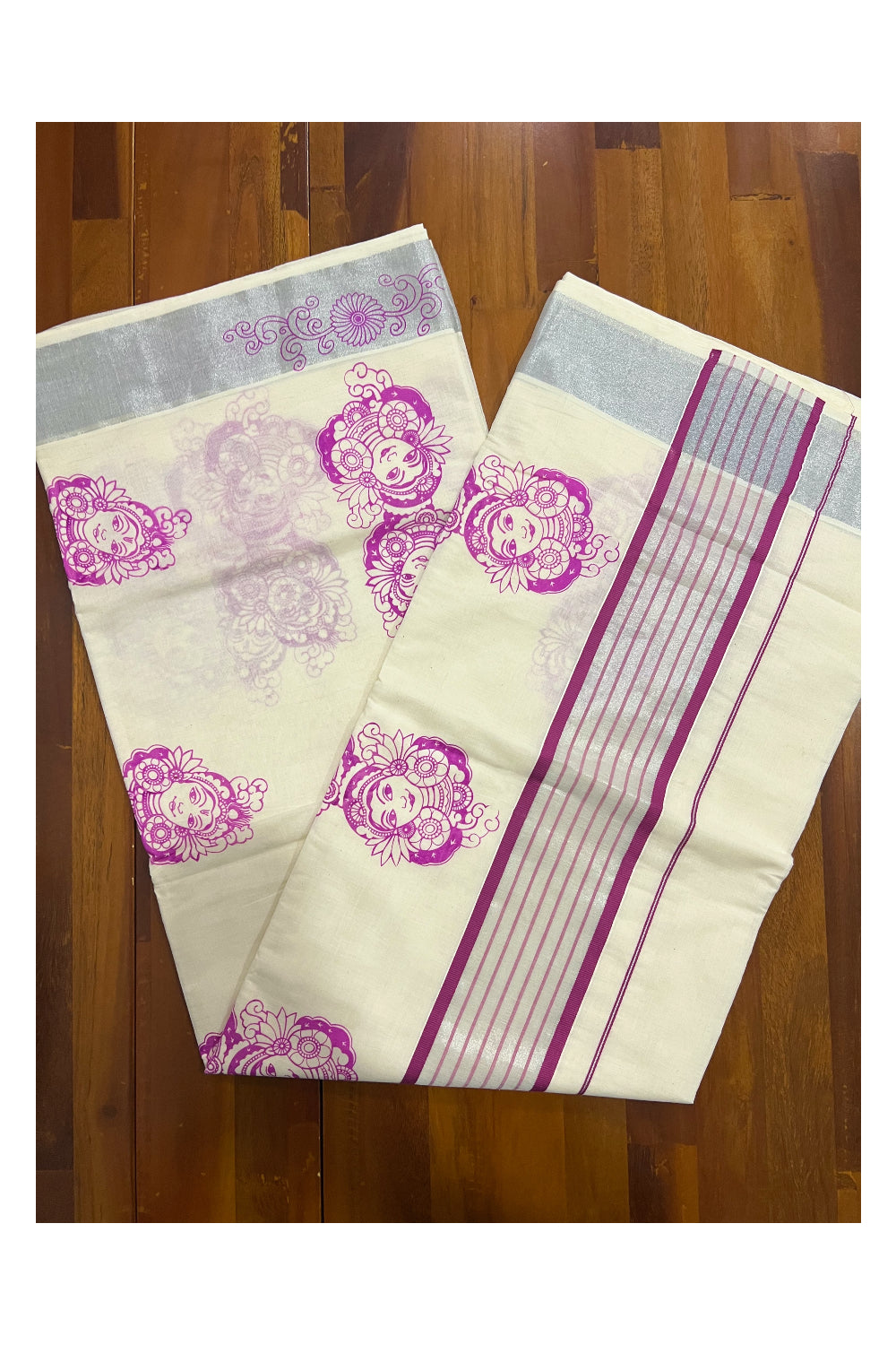 Pure Cotton Kerala Silver Kasavu and Magenta Border Saree with Krishna Radha Block Prints