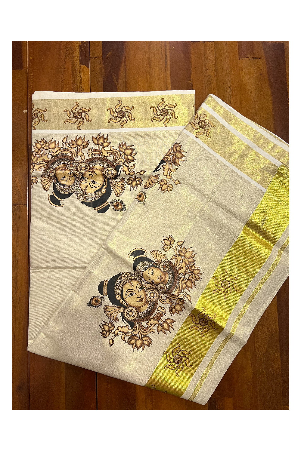 Kerala Tissue Kasavu Saree With Mural Krishna Radha Face Design and Printed Border